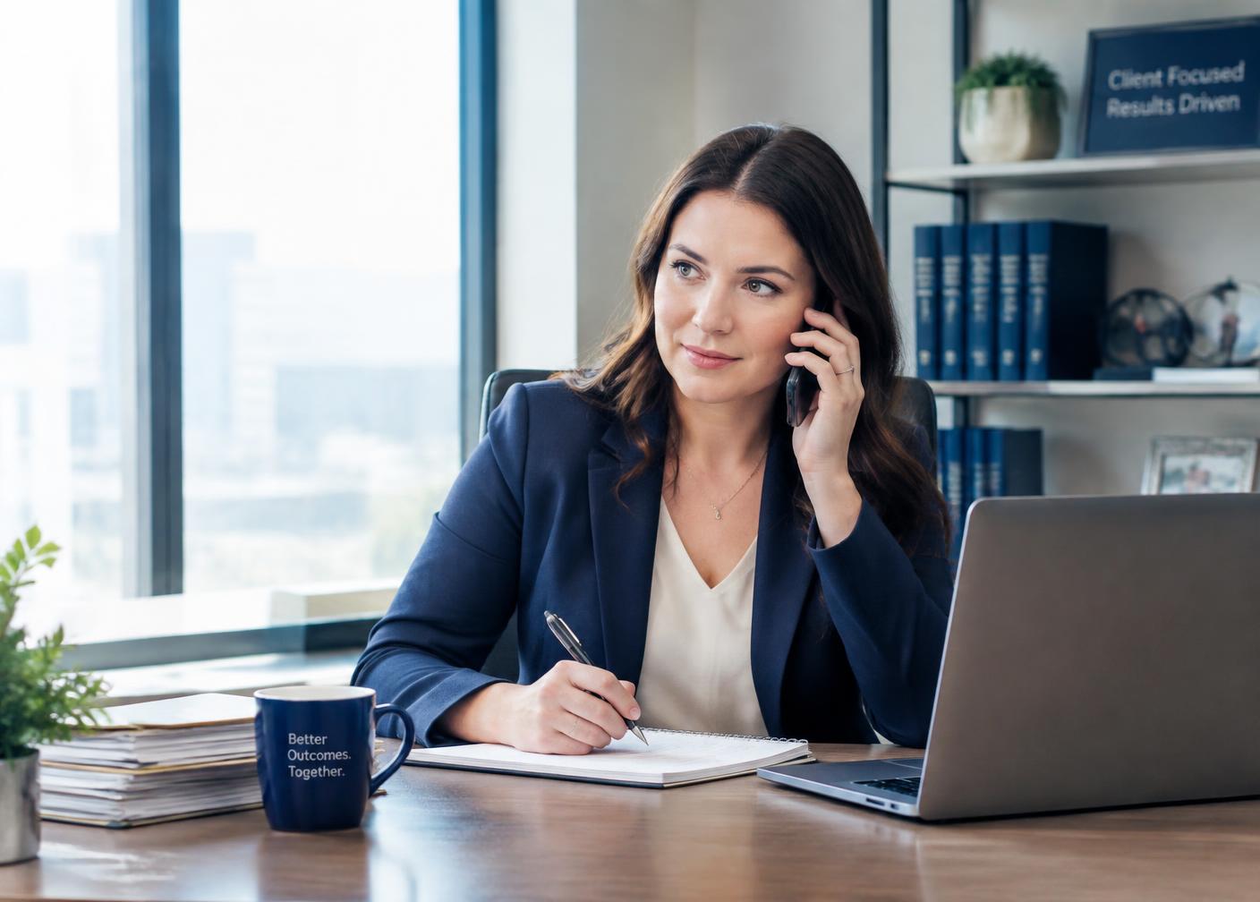 A case manager on a call at her desk