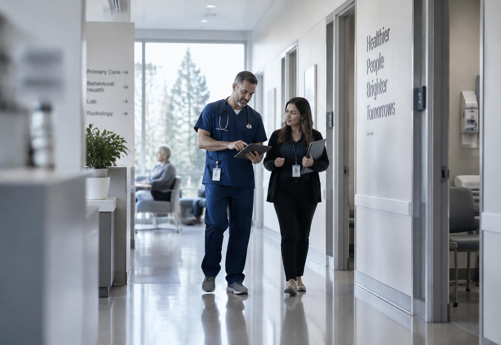 A physician and care coordinator reviewing a patient's care plan