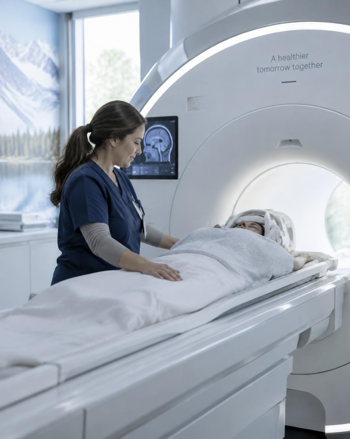 A technologist preparing a patient for an MRI scan