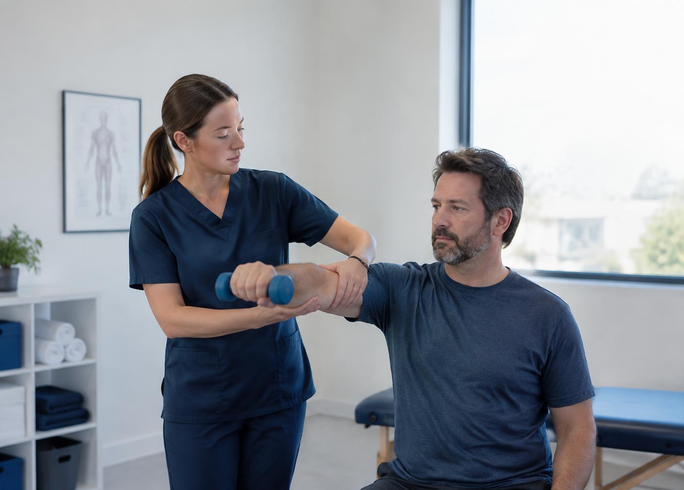 A therapist guiding a patient through rehabilitation