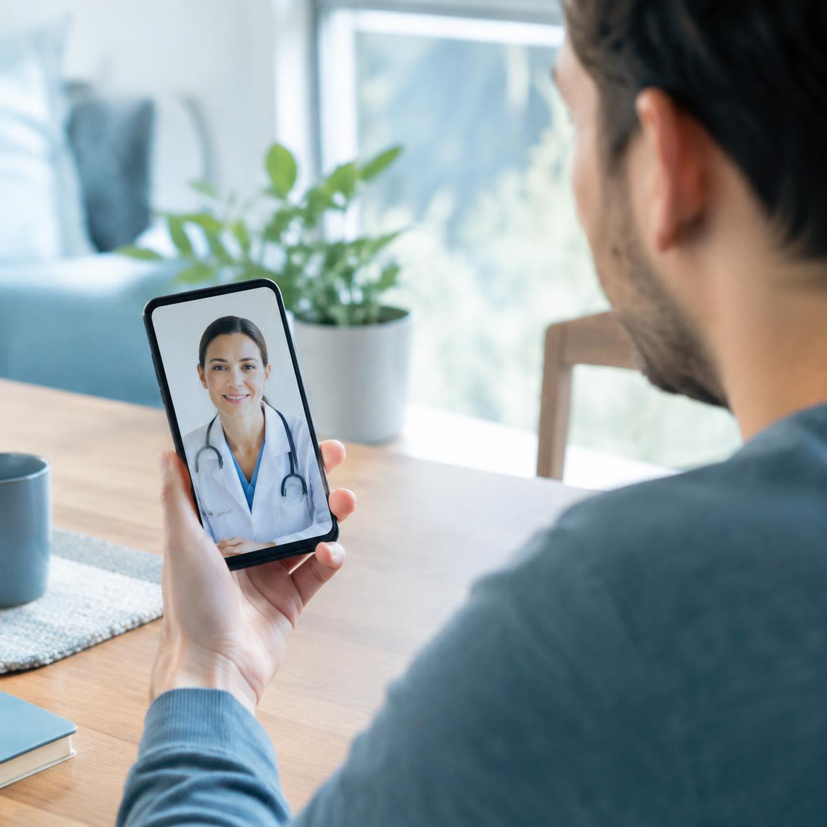 A patient on a video visit with a physician using his phone